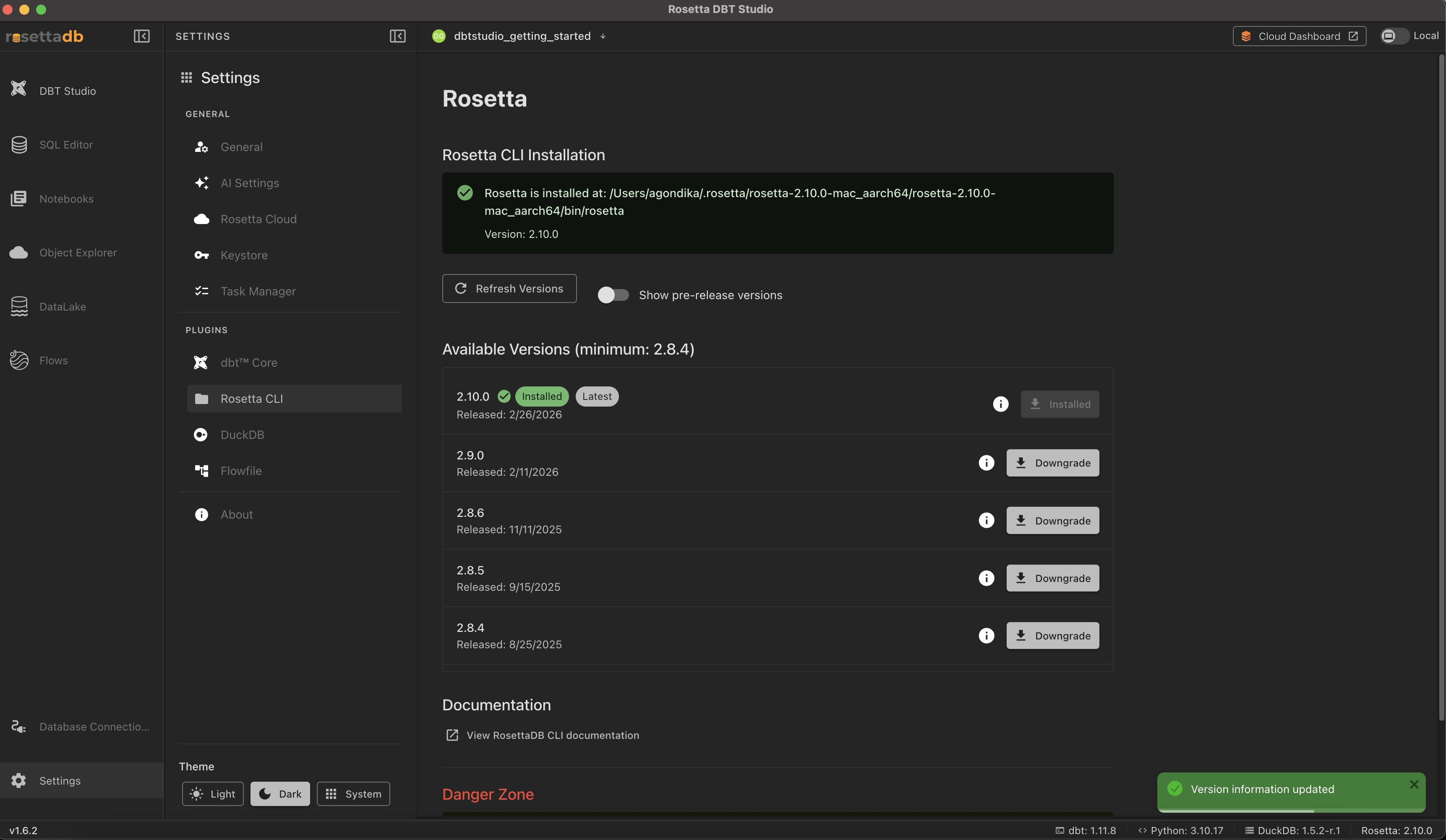 Rosetta CLI settings