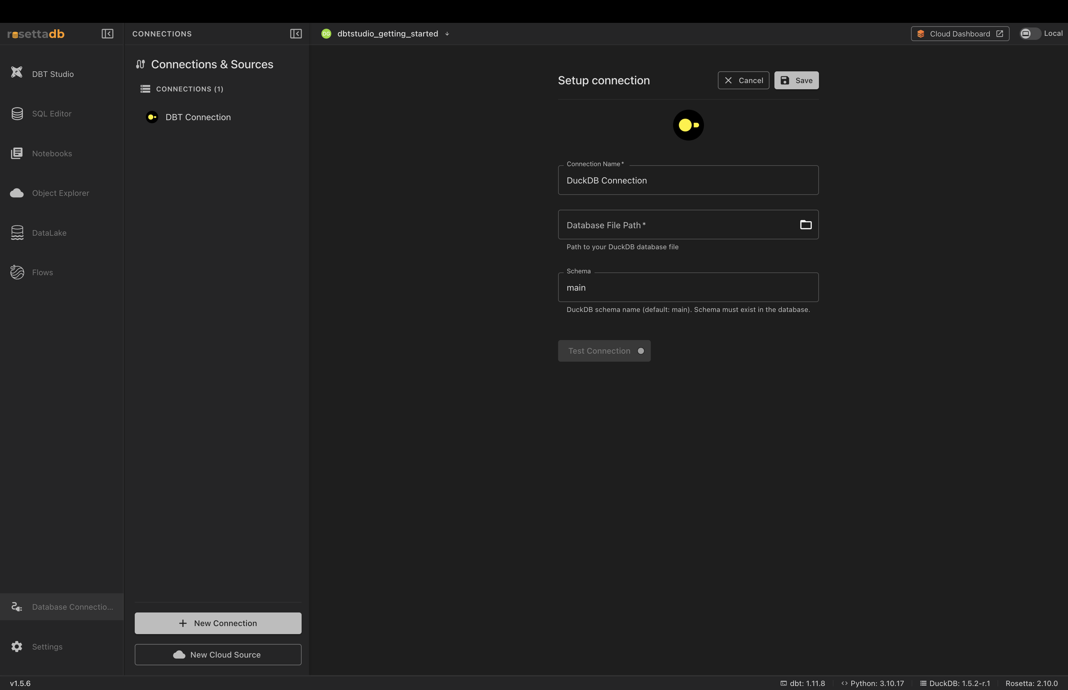 DuckDB connection form