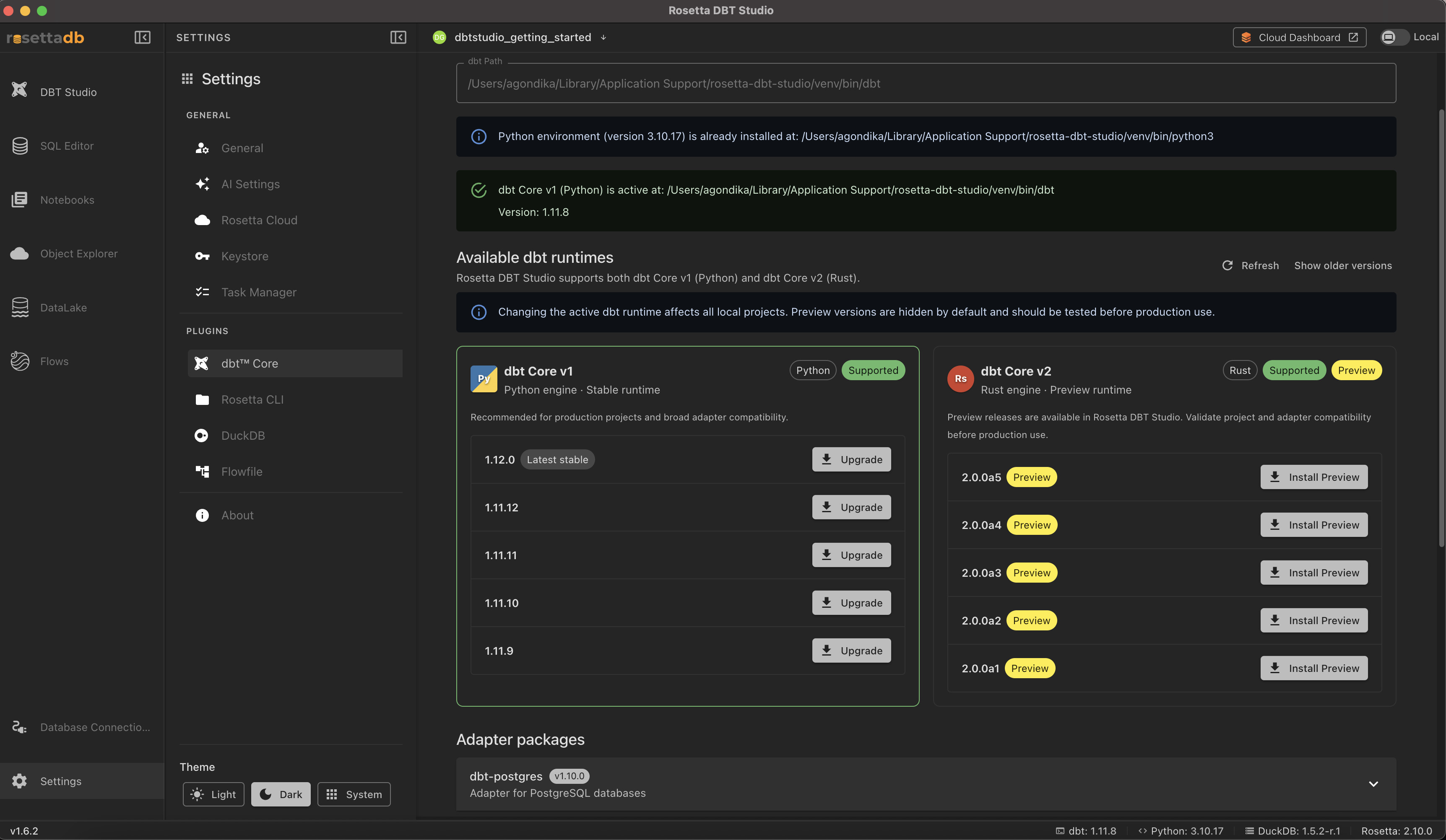 dbt Core settings