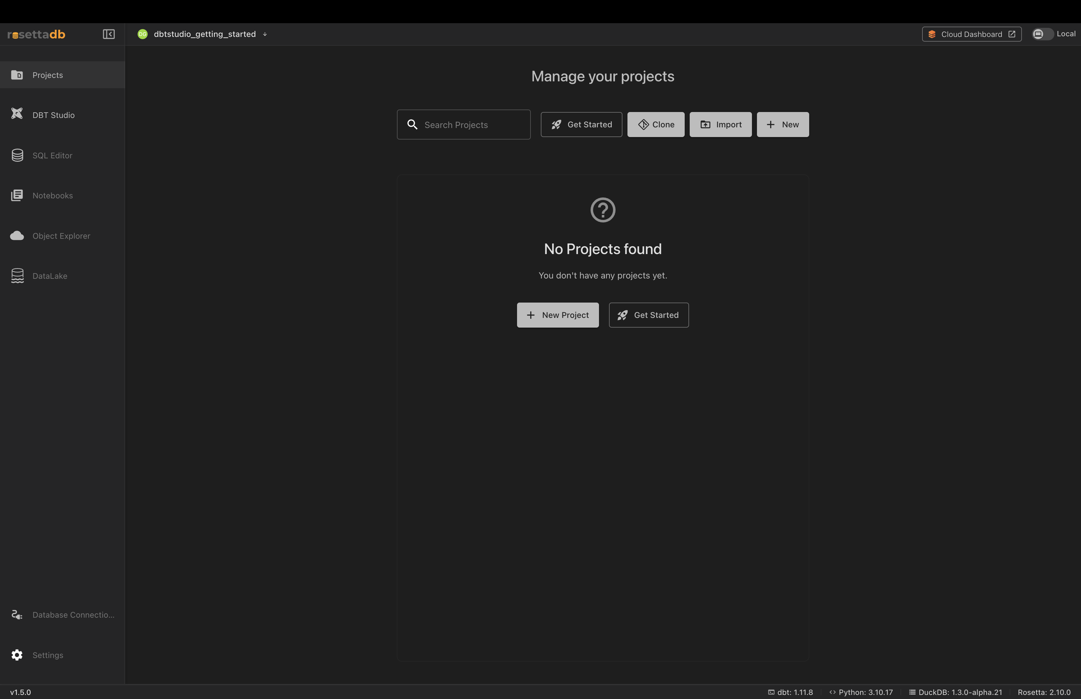 Projects screen